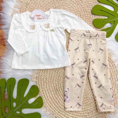 Conj. Batinha Gola Bordada Ursinhas e Calça Legging - Off White e Areia